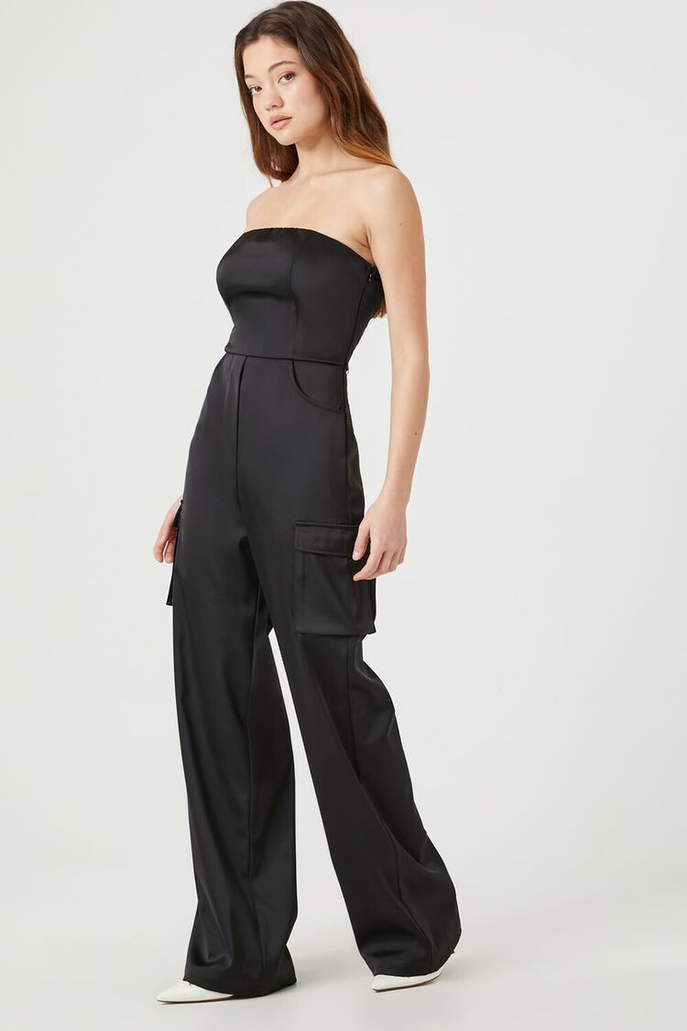 Satin Strapless Cargo Jumpsuit